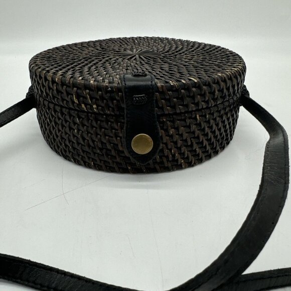 Woven Round Rattan Bag Wicker Straw Purse Crossbody Brown Tropical Boho - Picture 6 of 16